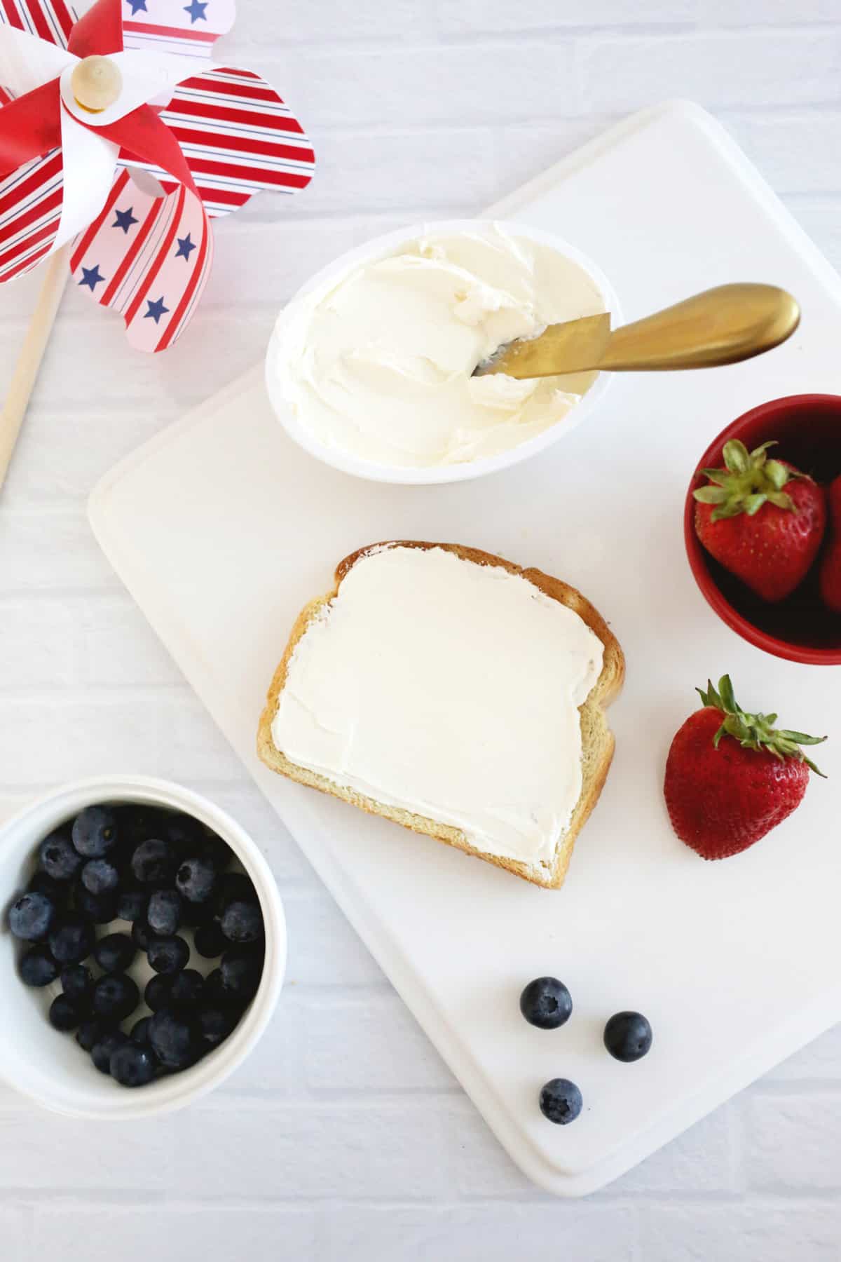cream cheese toast prepared to make american flag toast