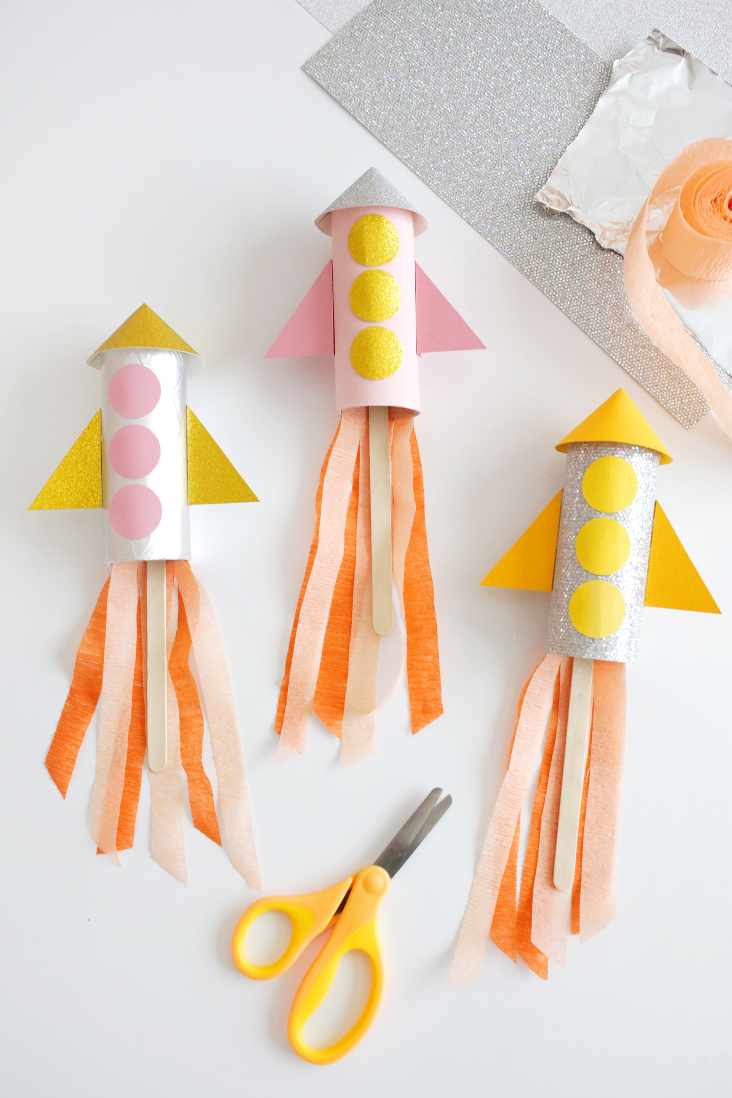 paper rocket ships with crepe paper flames
