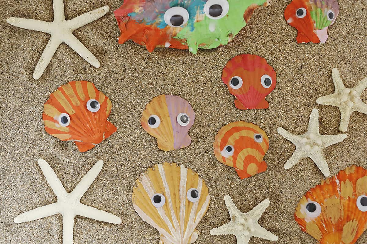 Seashells in sandbox with googley eyes and painted. 