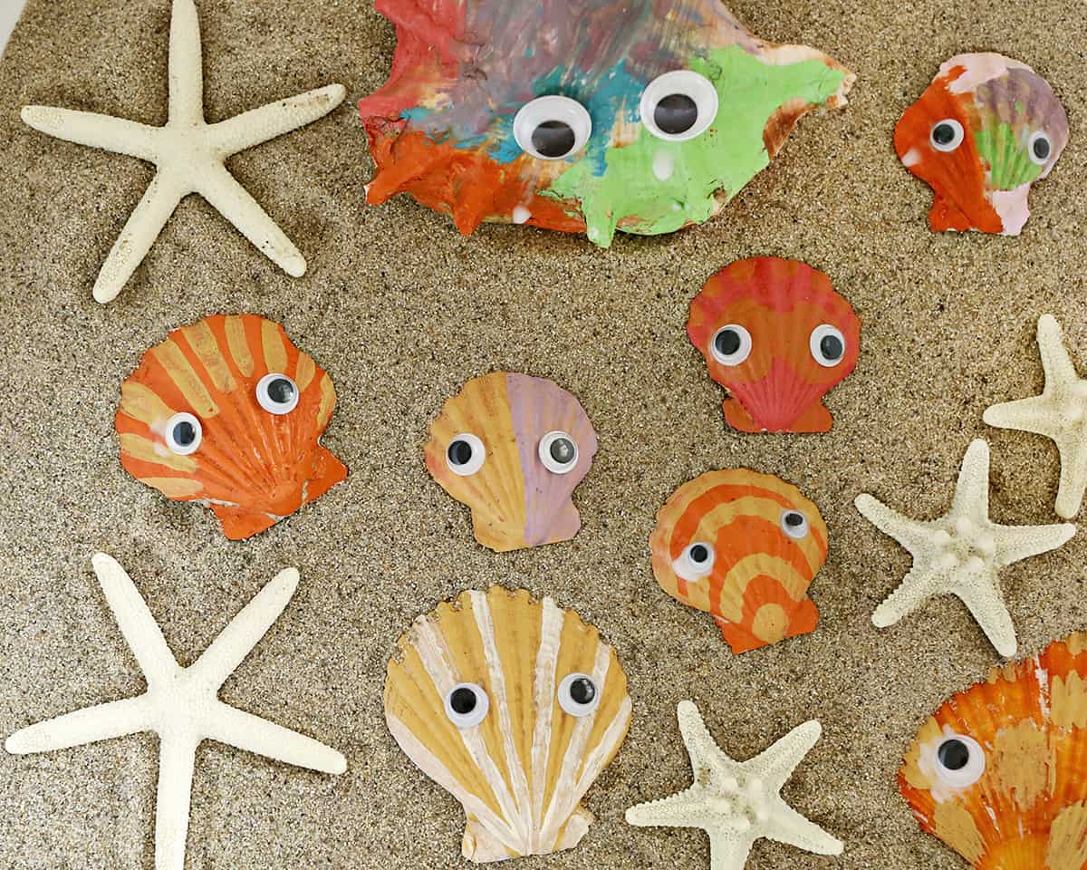 seashells with googley eyes in a sandbox. 