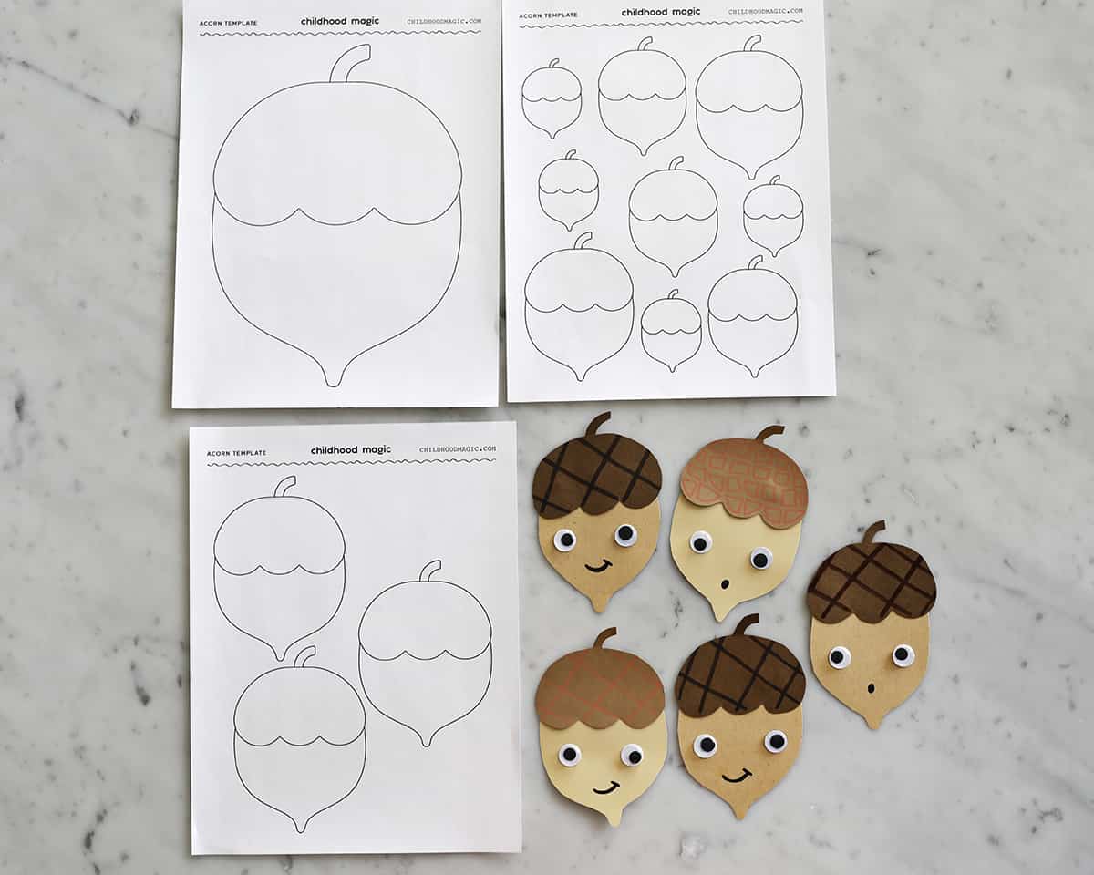 acorn template on printer paper and acorns made from cut out construction paper.