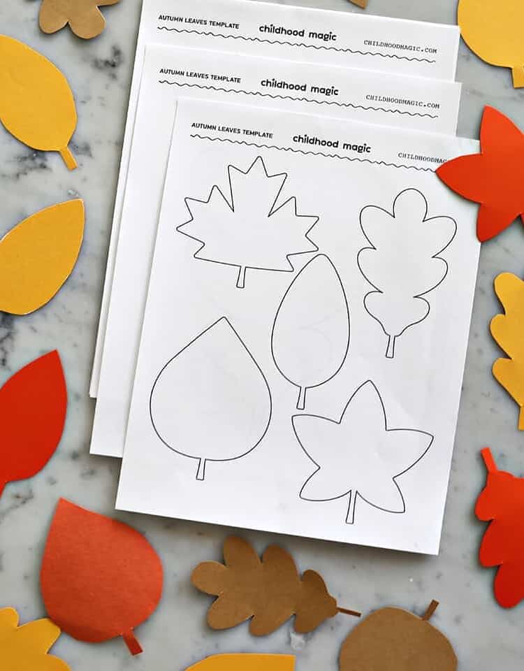 Three pages of leaf templates sitting on counter with leaves cut from construction paper.