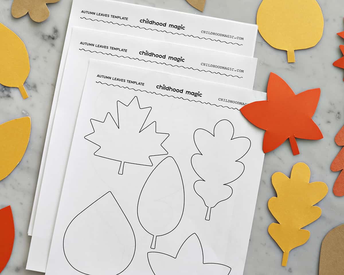 Leaf template and leaves cut from construction paper.