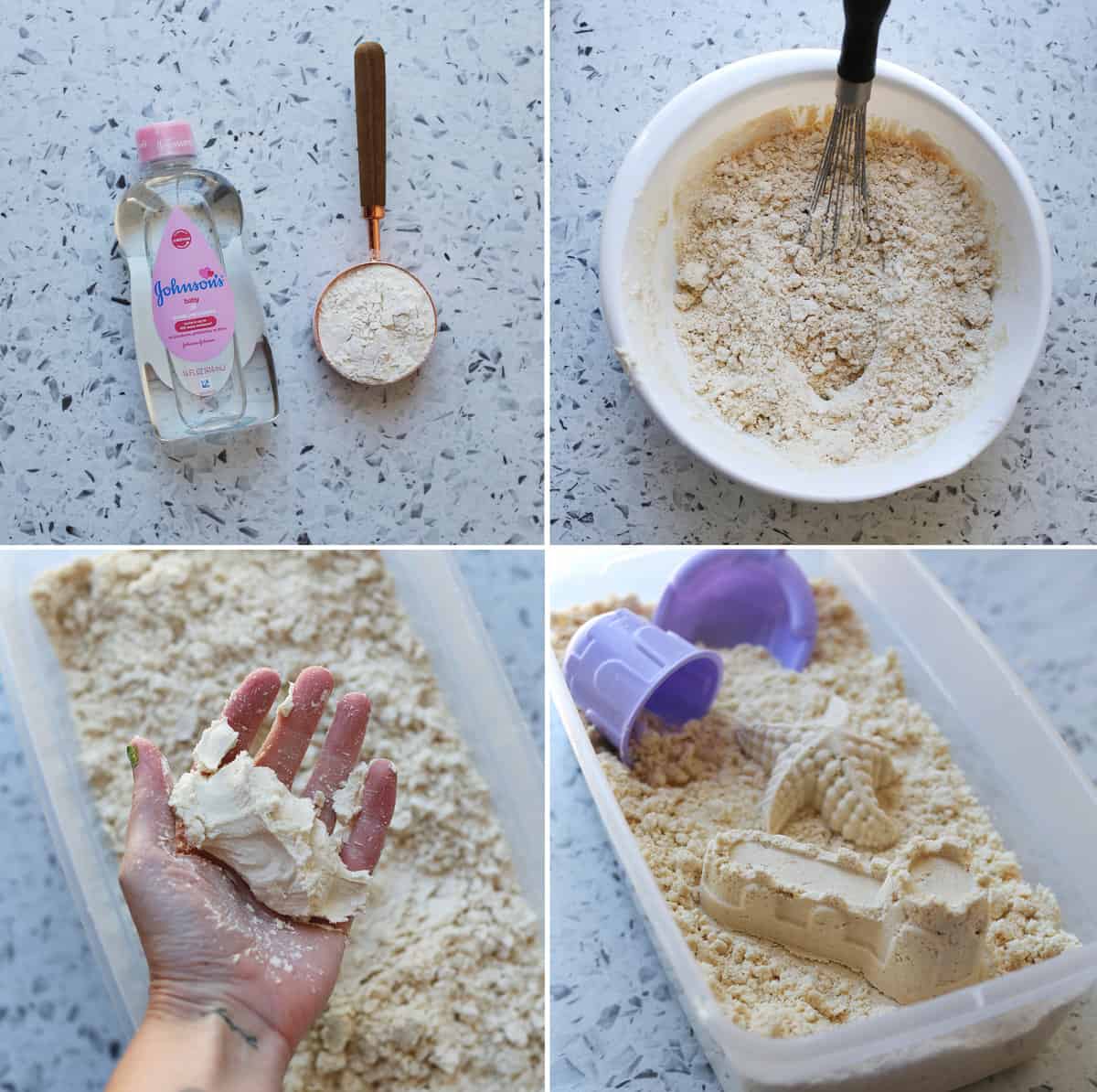 Steps and ingredients being used to make moon sand in a clear container. 