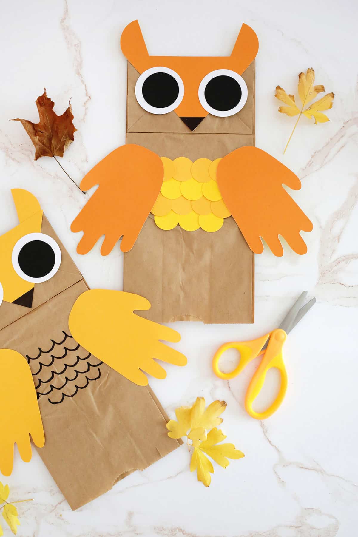 brown paper bag with construction paper glued on it to make a puppet. 