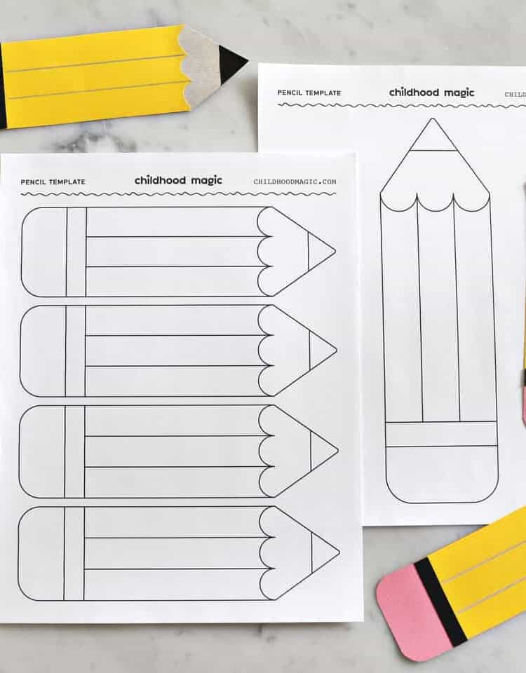 Pencils cut out from construction paper and pencil templates.