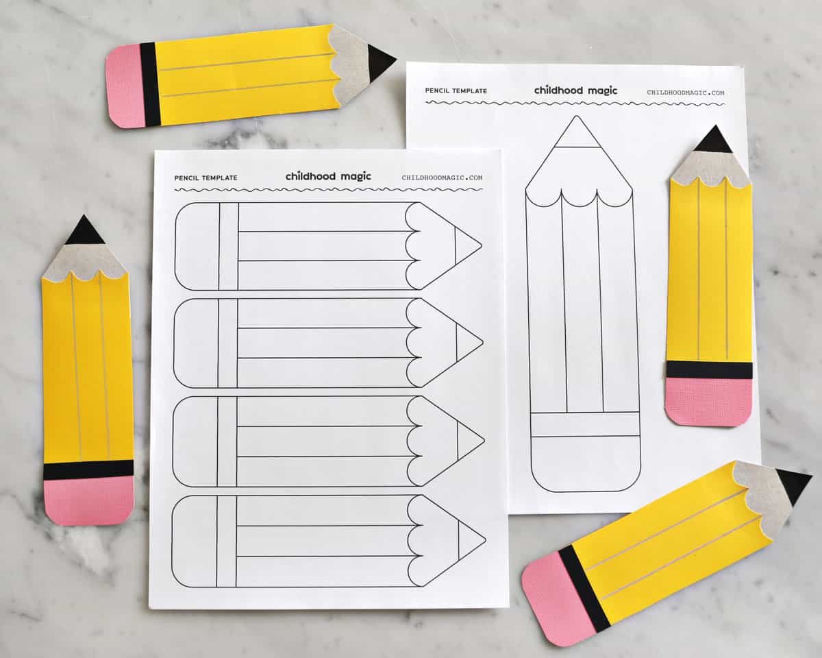 Pencils cut out from construction paper and pencil templates.