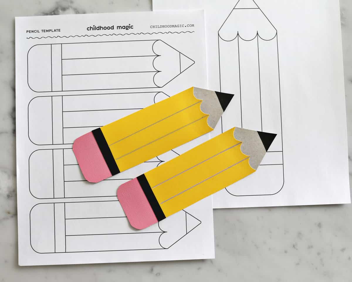 Pencils cut out from construction paper and pencil templates.