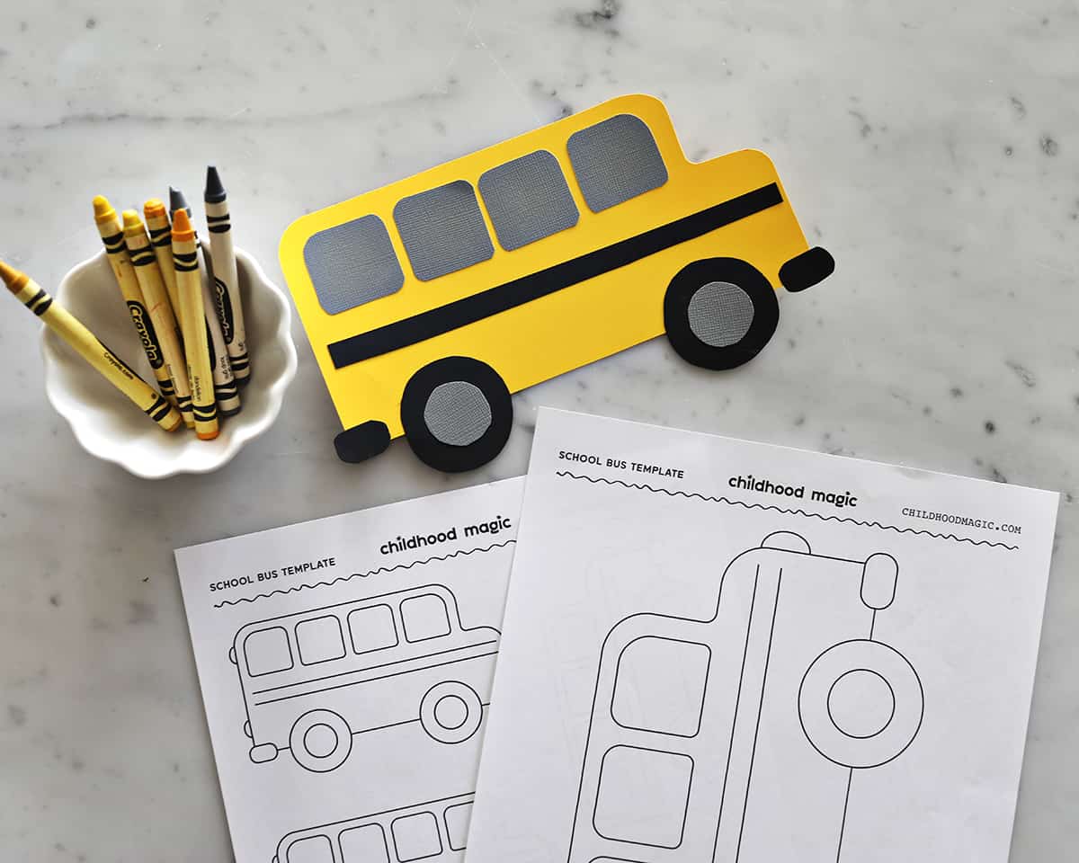 pieces of paper that have the outline of a school bus on it next to a bus craft. 