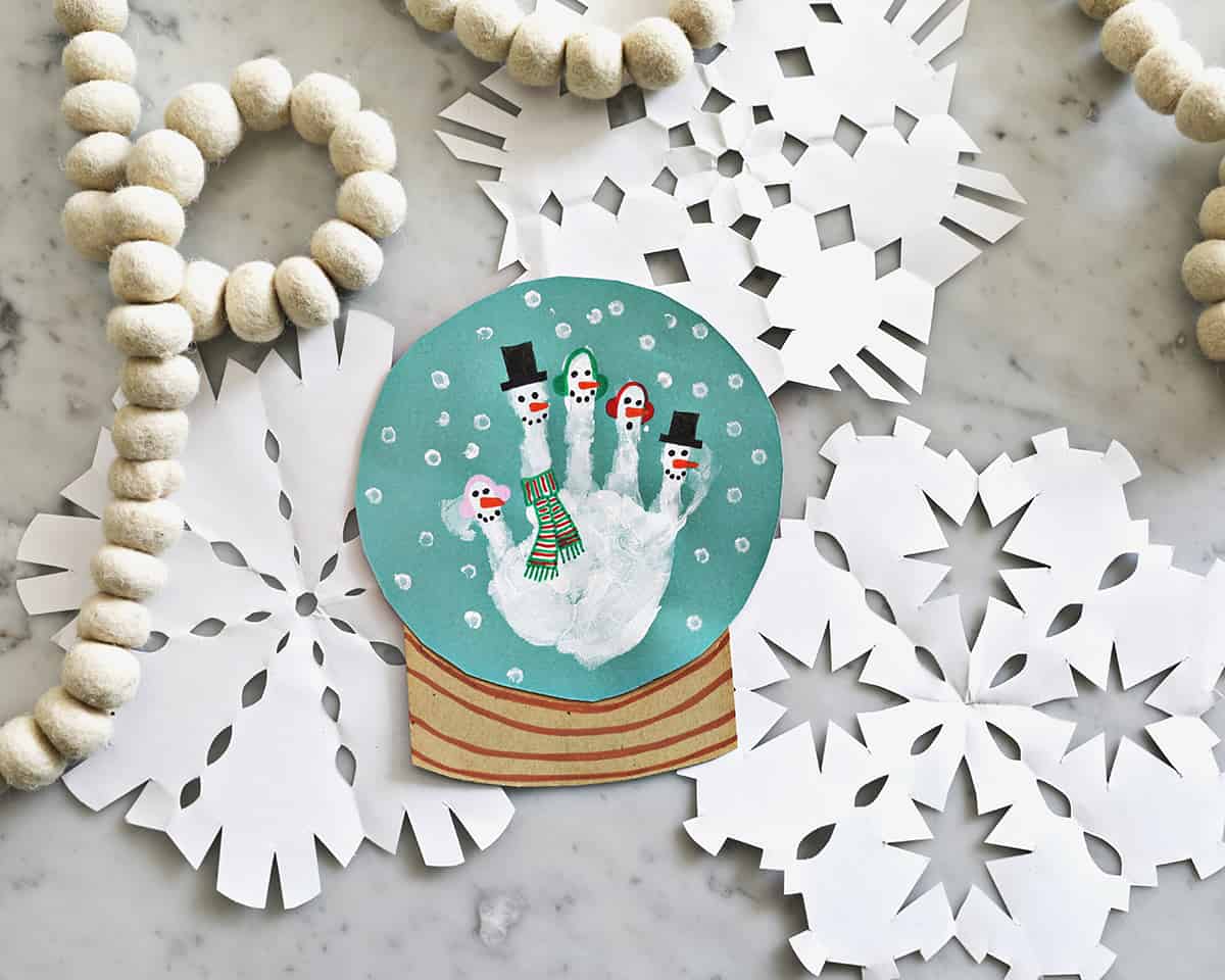 paper craft with a painted handprint to look like a snowman. 