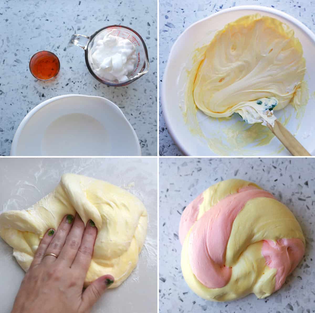 Stirring, combining and kneading ingredients to make fluffy slime. 