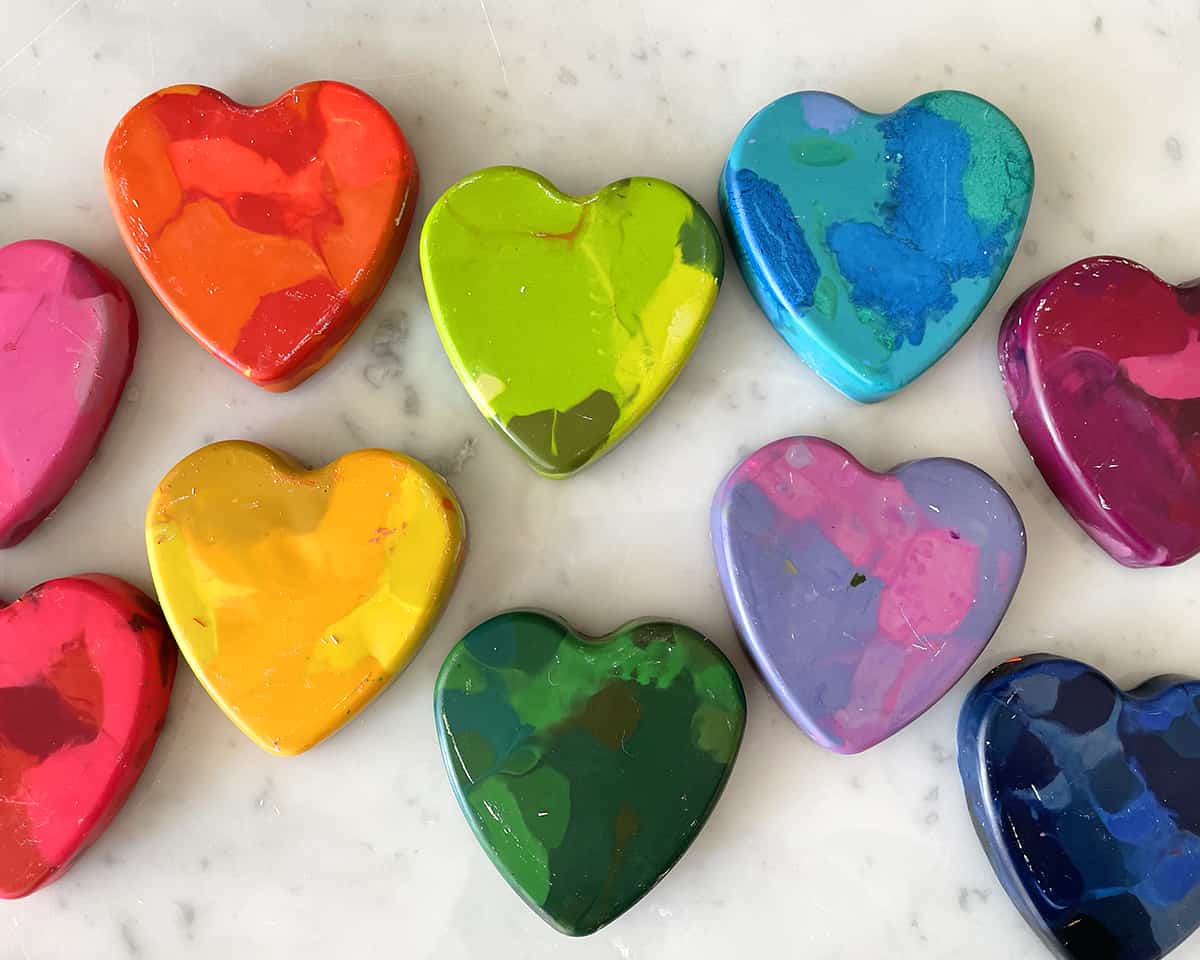 heart shaped crayons in various colors. 