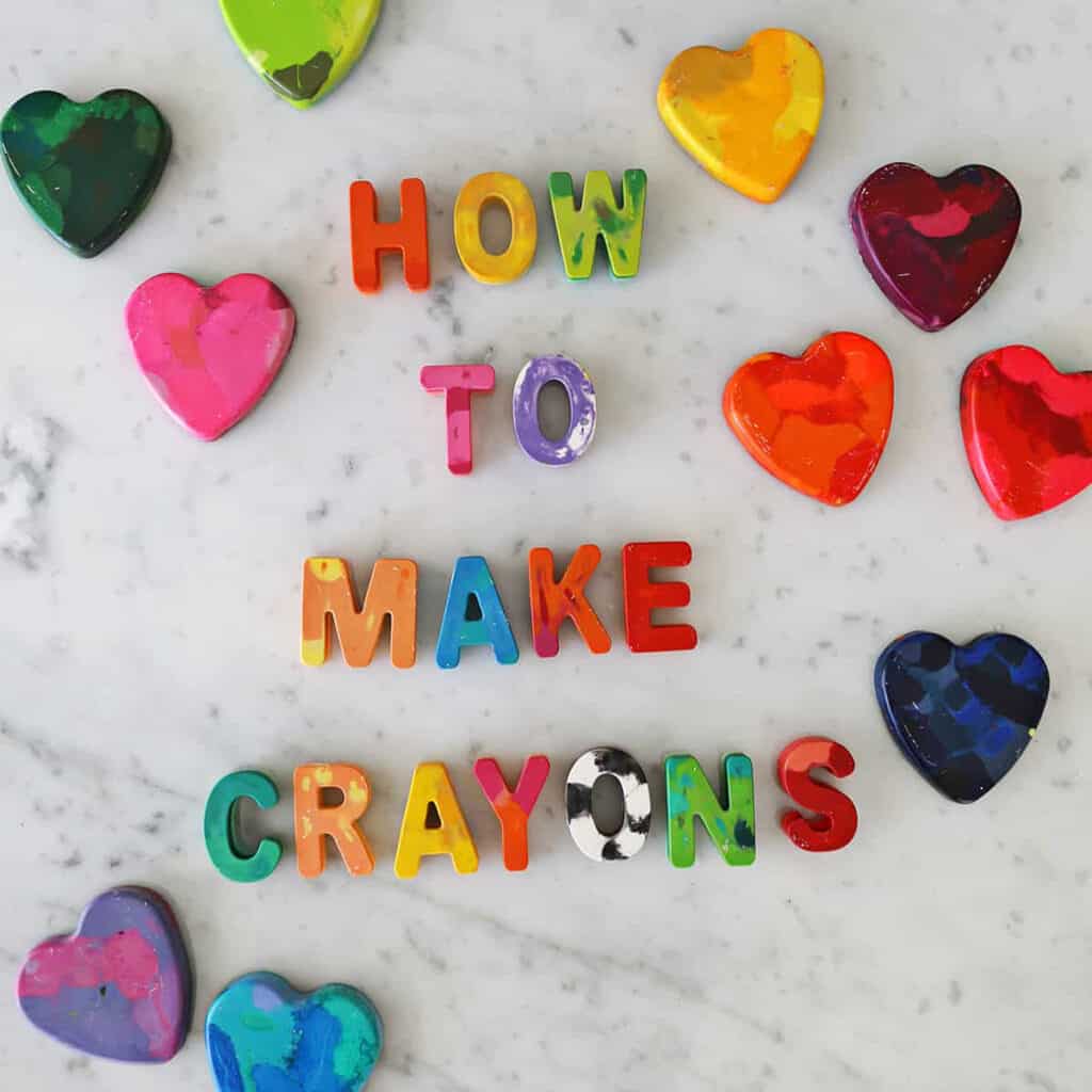 crayons in shapes of letters and hearts.