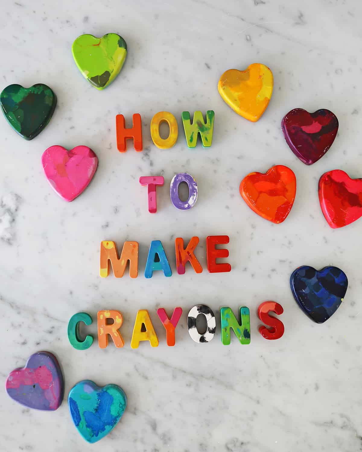 heart-shaped and alphabet letter shaped crayons. 