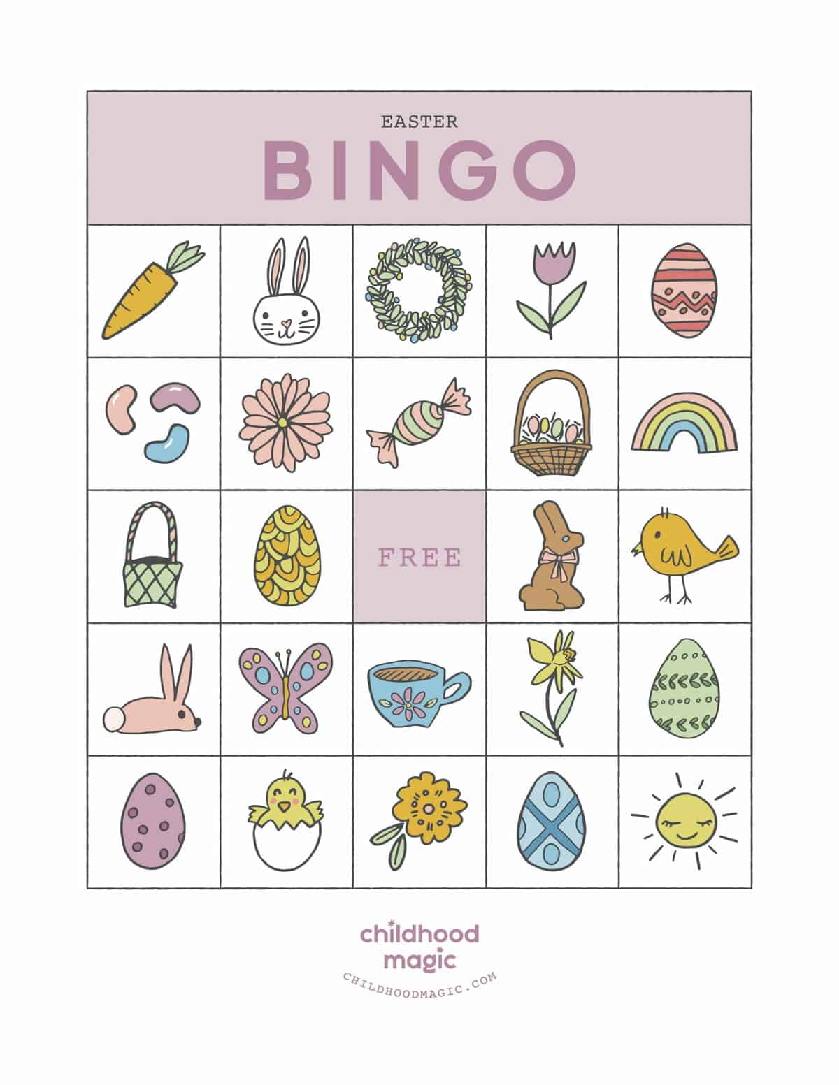Printable Easter-themed Bingo card in full color. 