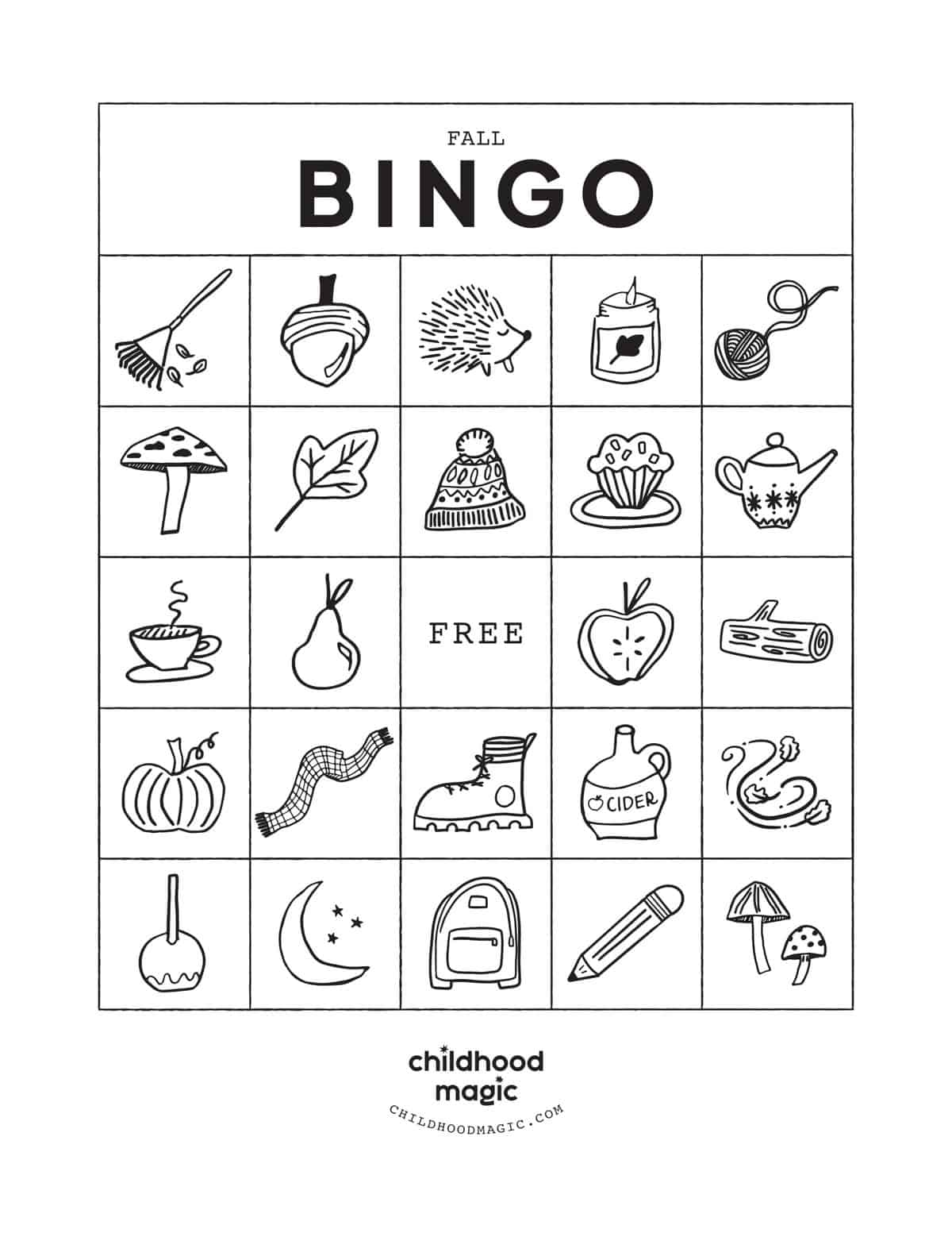 bingo card in black and white with fall-themed icons. 