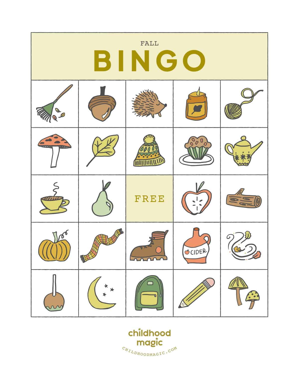 Bingo card with fall-themed icons. 