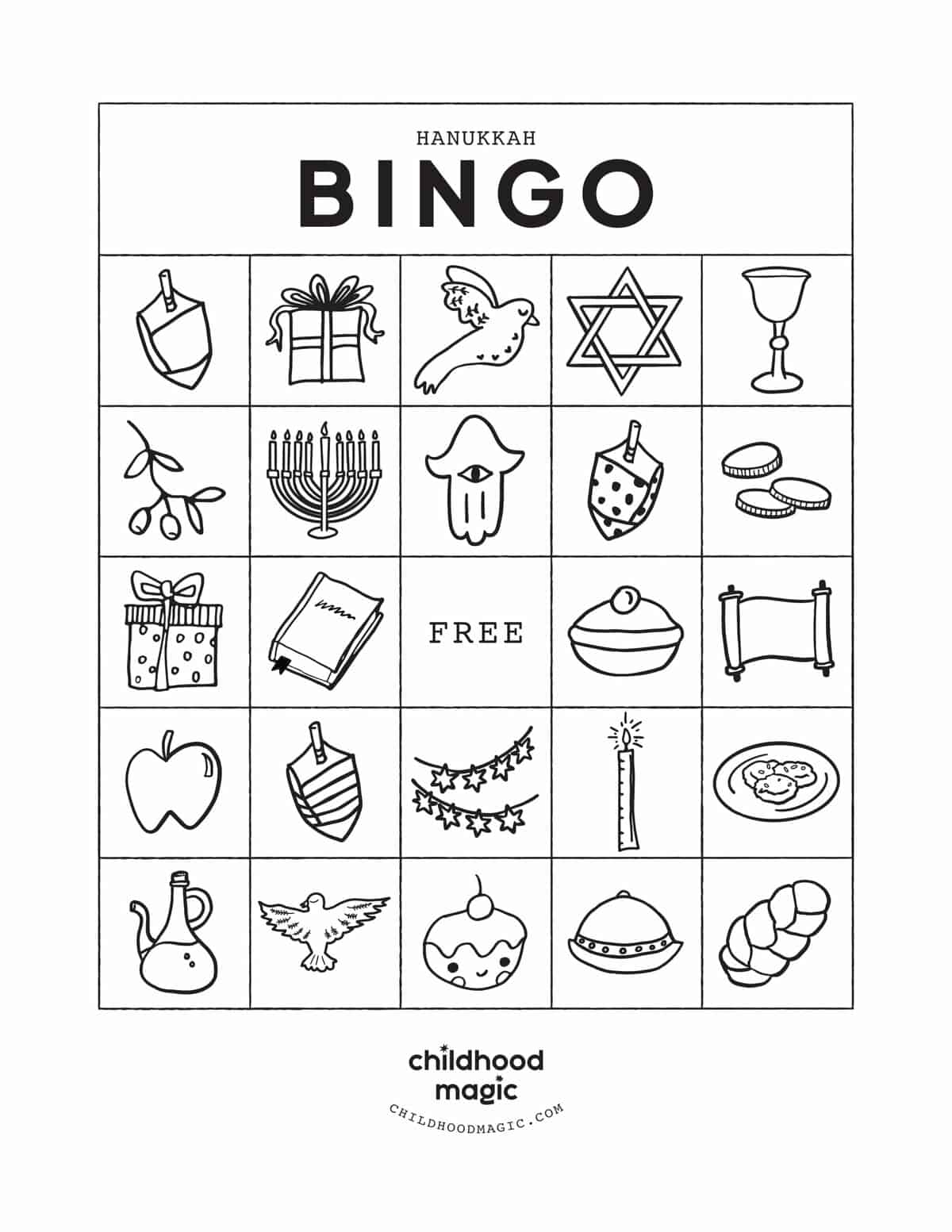 Hanukkah symbols in black and white on a printable Bingo card. 