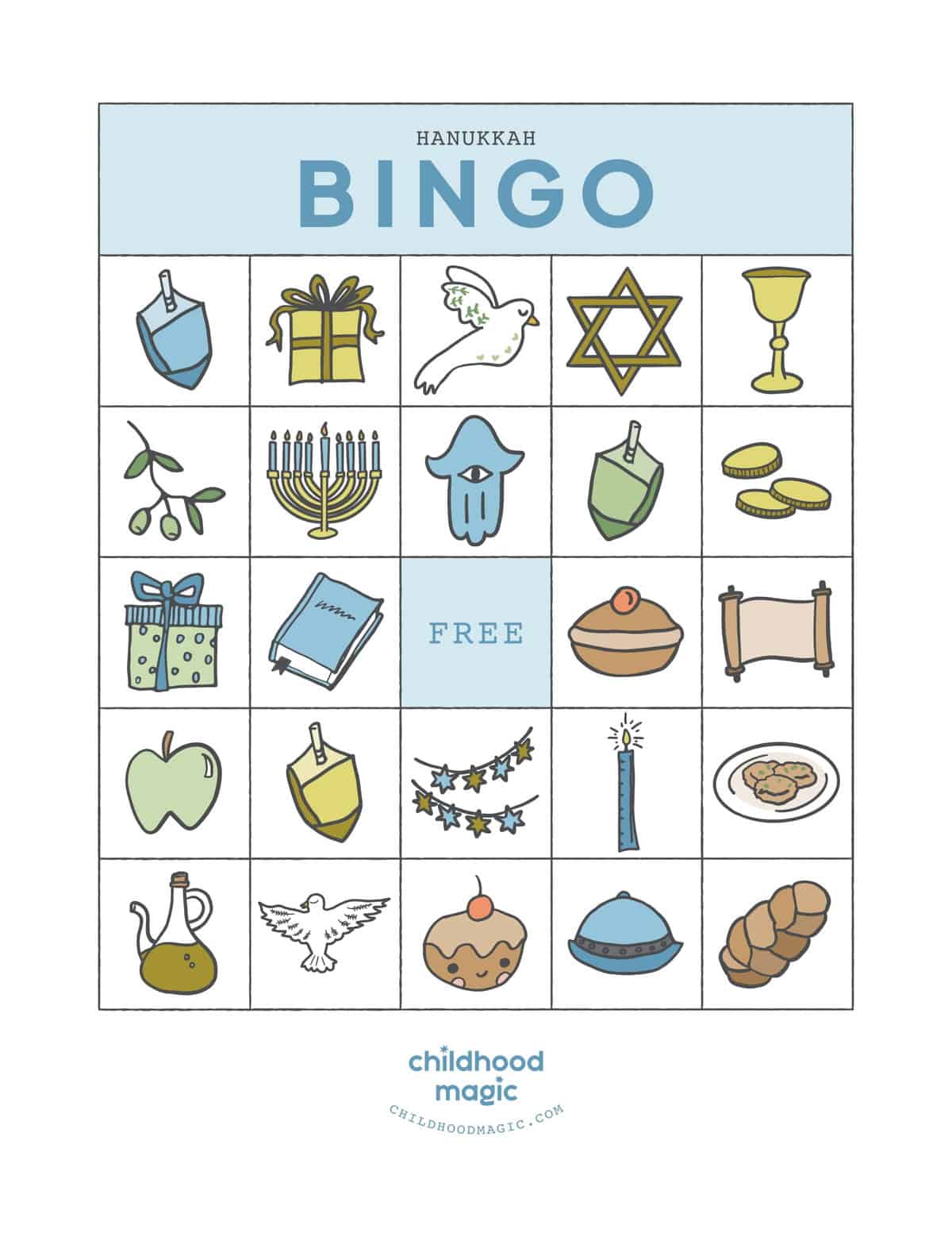 Hanukkah symbols on a printable Bingo card. 
