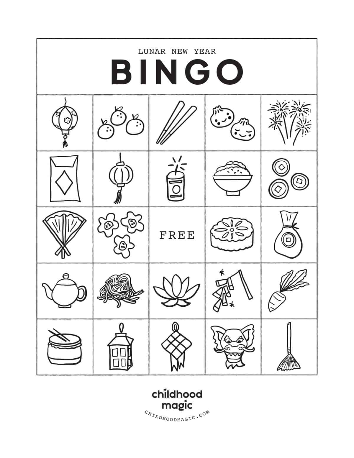 Lunar New Year Printable bingo card in black and white. 