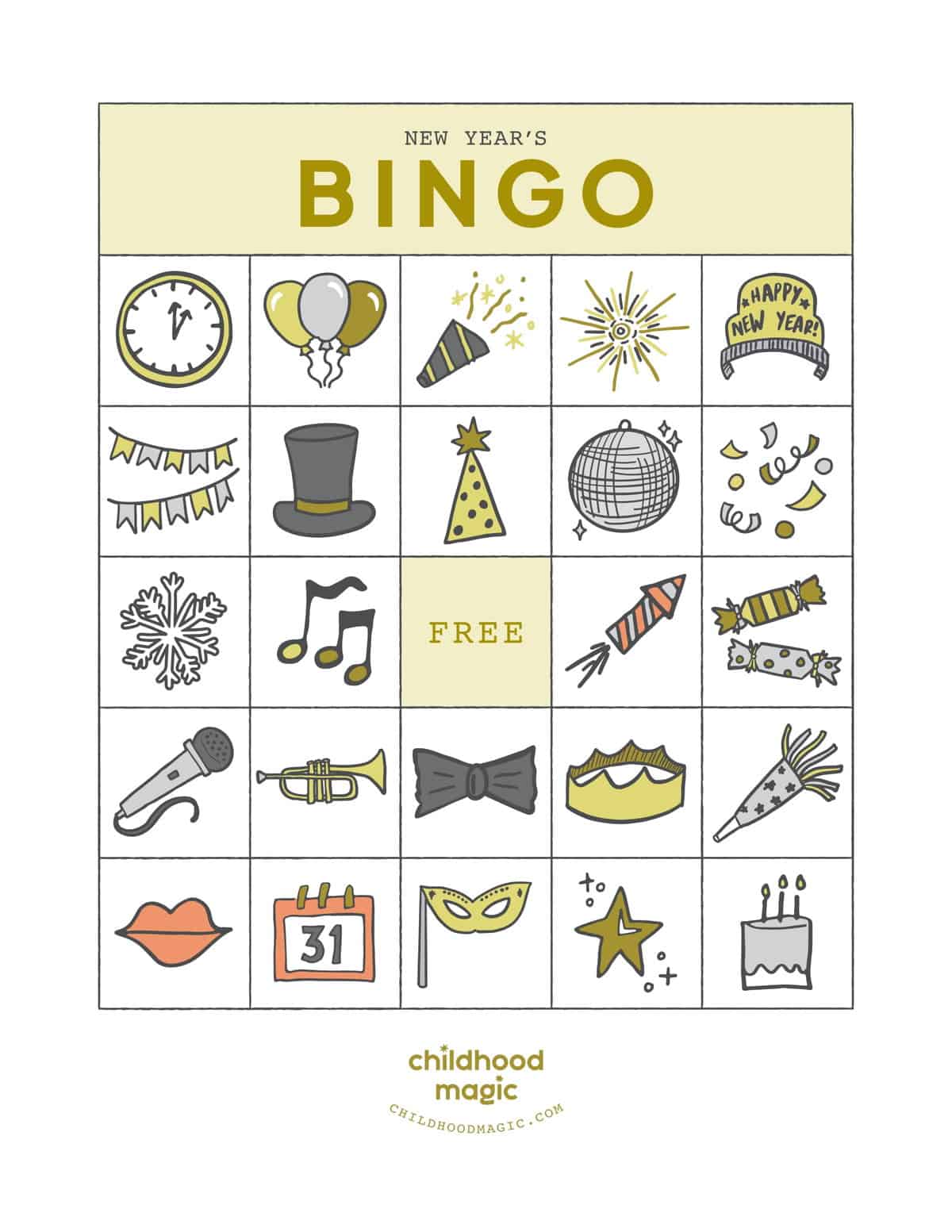 New Years themed bingo card for printing. 