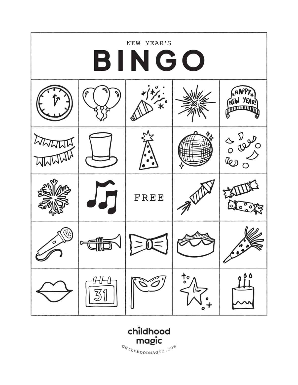 New Years themed bingo card in black and white. .