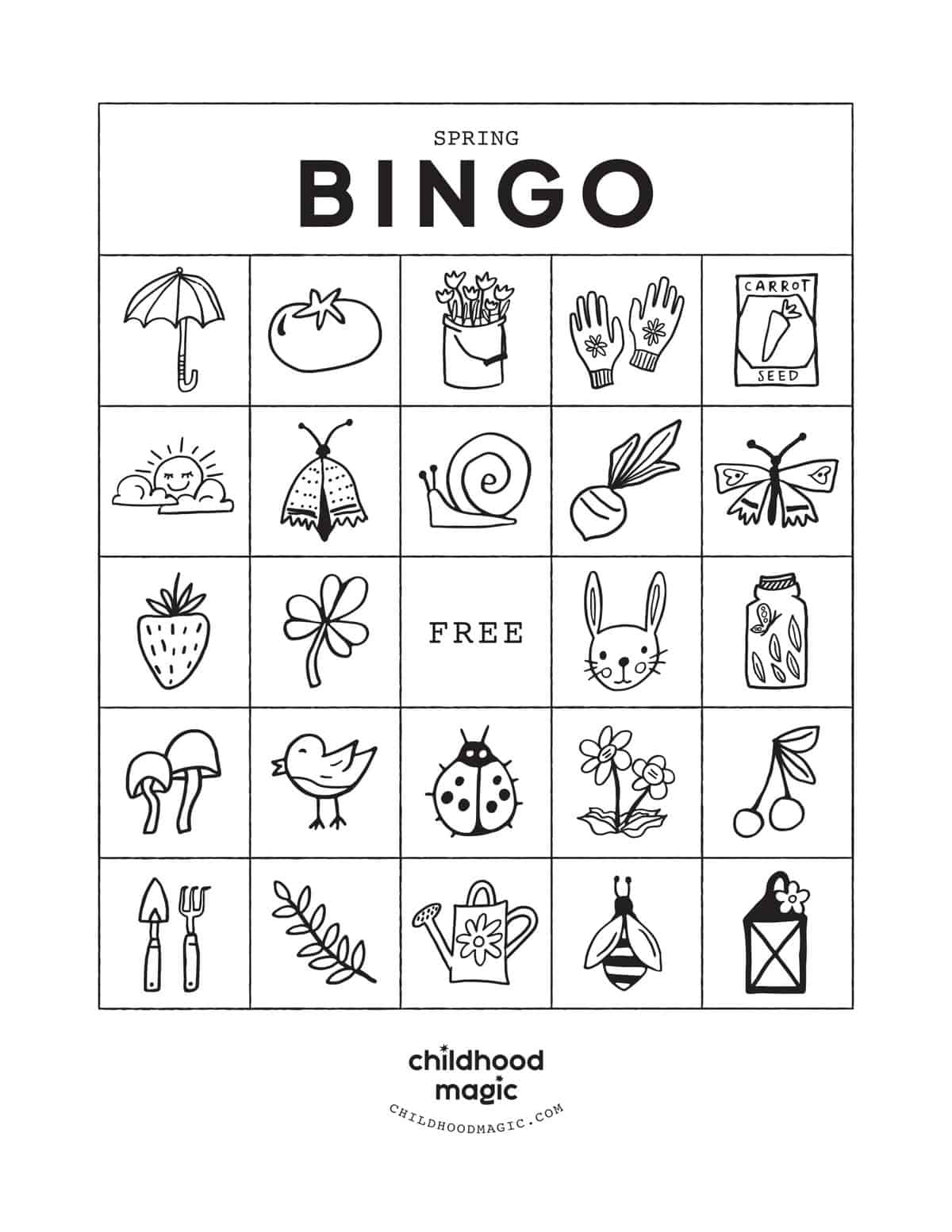 Printable Spring Bingo card in black and white. 