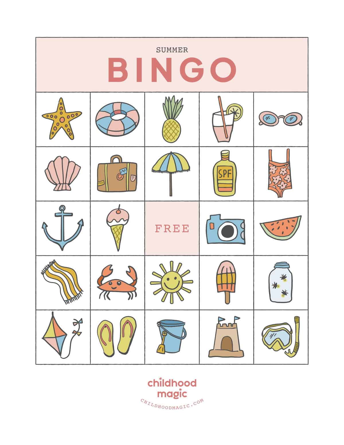 summer-themed bingo card in color.