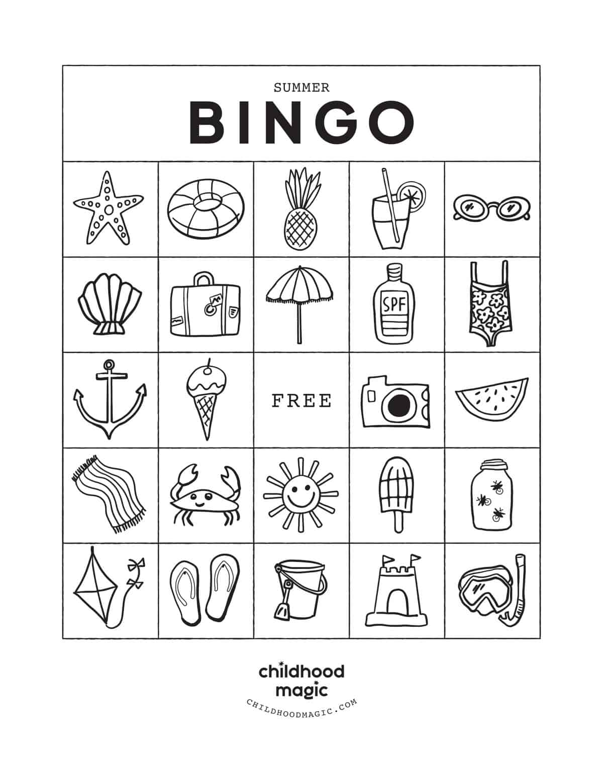 black and white printable summer bingo card. 