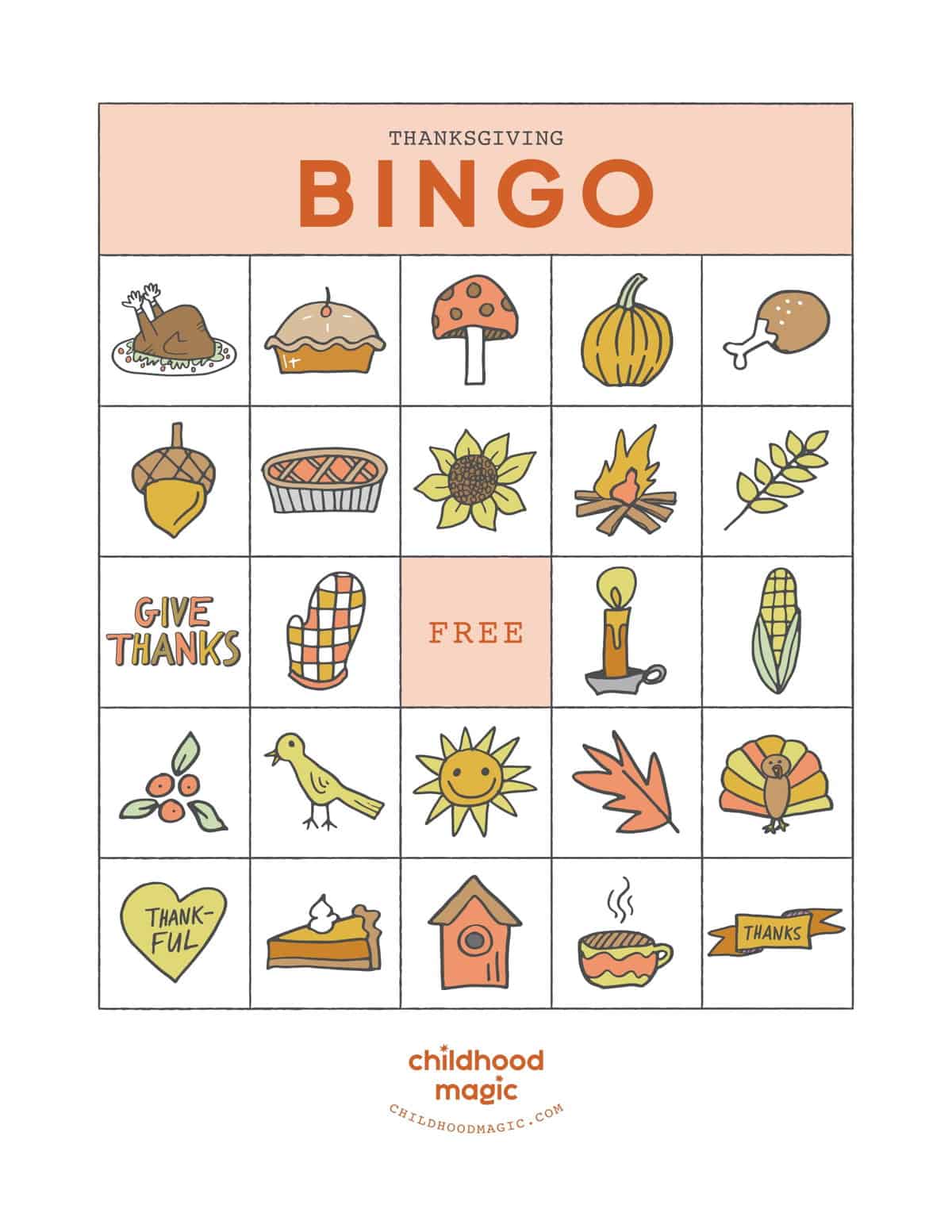 Thanksgiving themed Bingo card in full color for printing. 