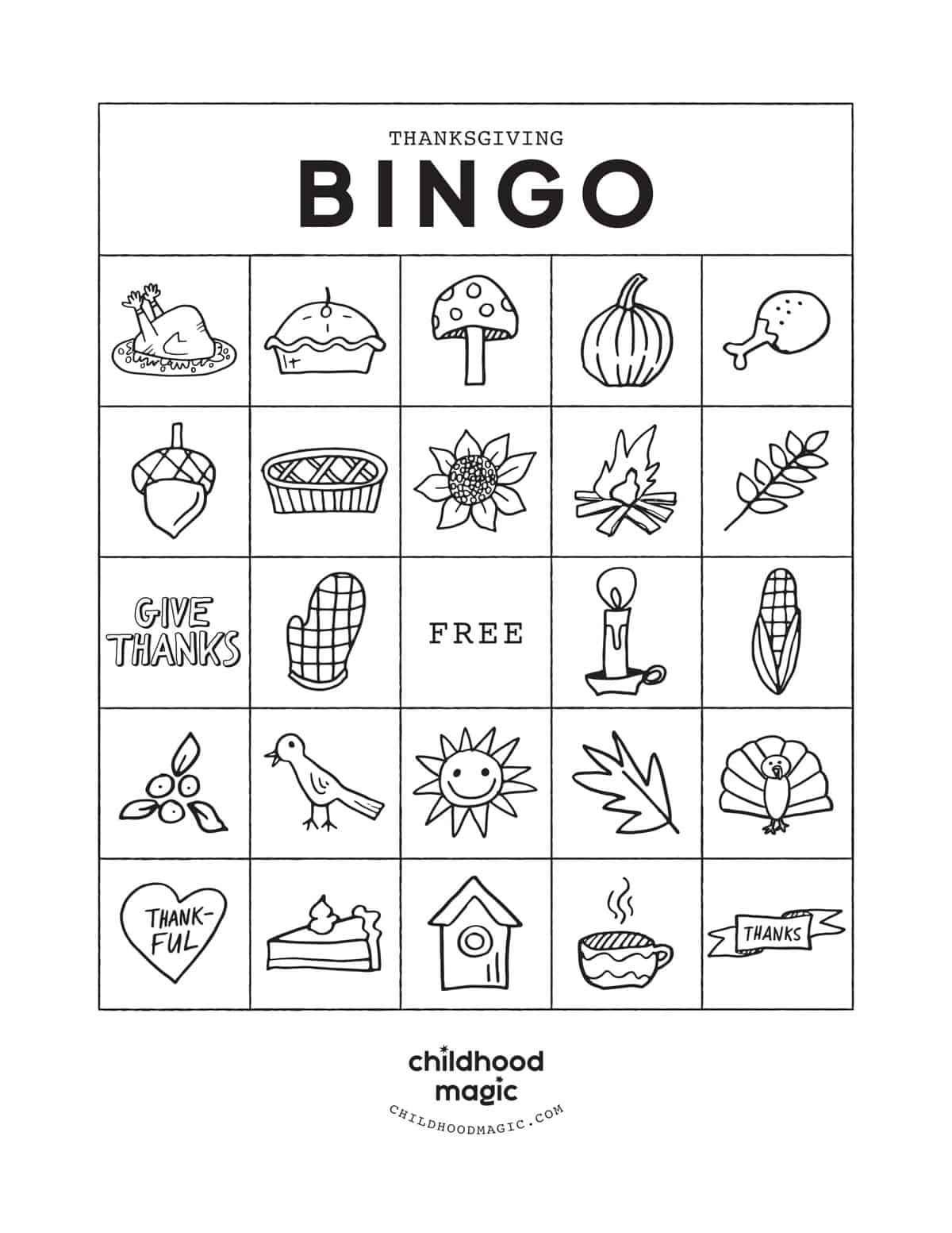 Thanksgiving Bingo card in black and white for printing. 