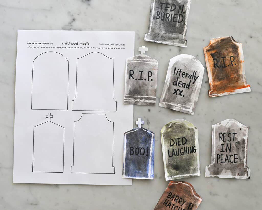 painted and cut out tombstones from printable ghost template.