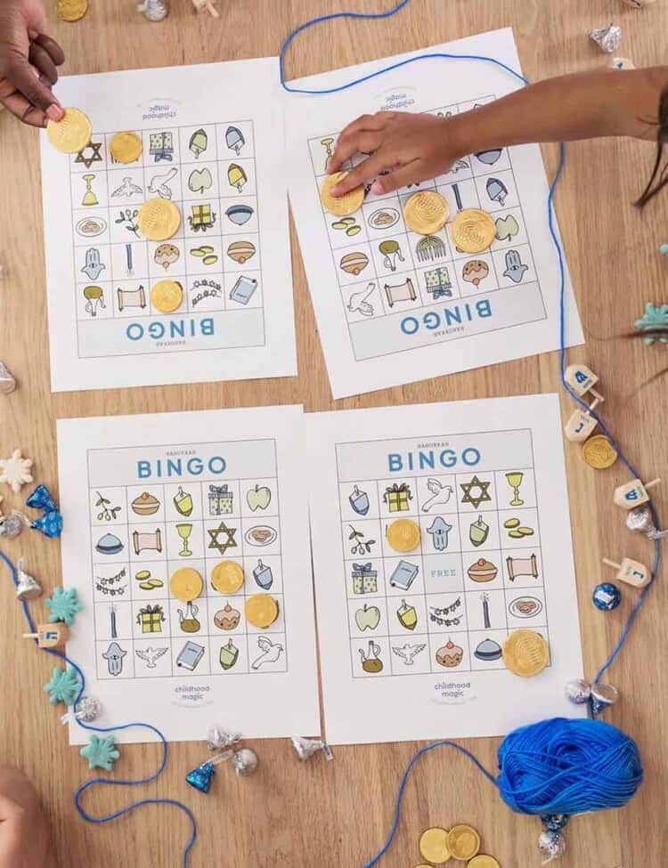 Children playing bingo with Hanukkah themed Bingo cards.