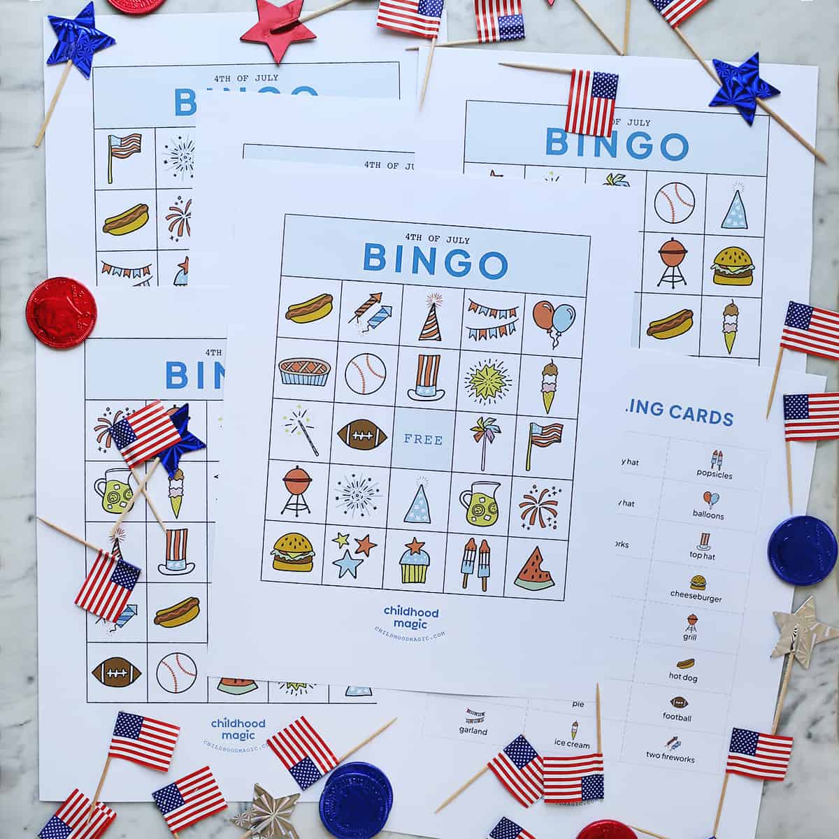 4th of July printable bingo cards on a counter. 
