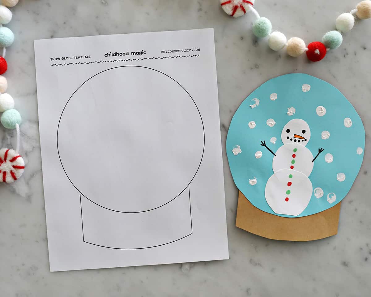 snow globe template and crafted snow globe with snowman inside. 