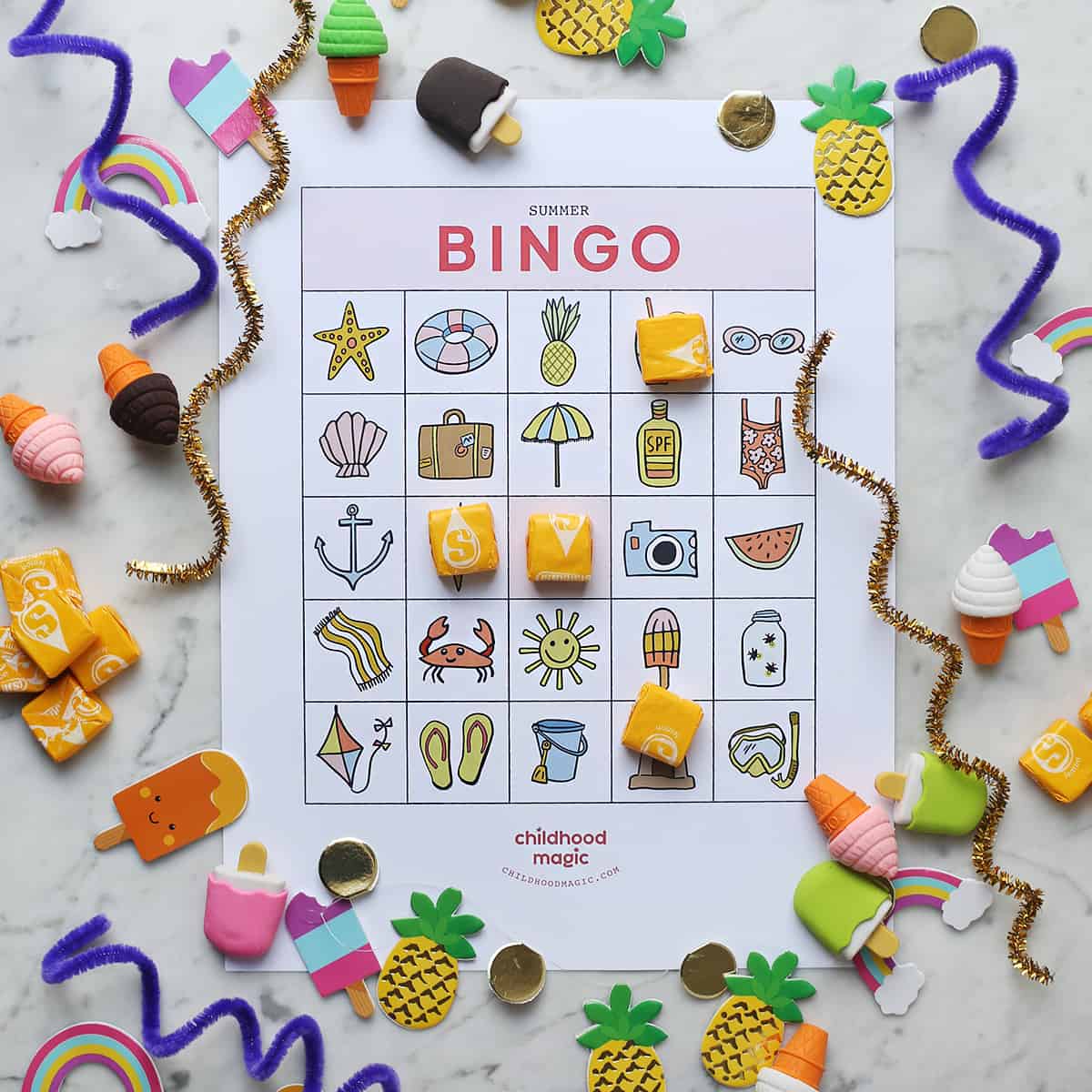 yellow starbursts being used as tokens on summer-themed bingo cards. 