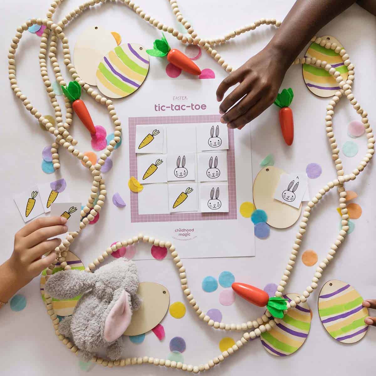 kids playing Easter-themed tic tac toe. 