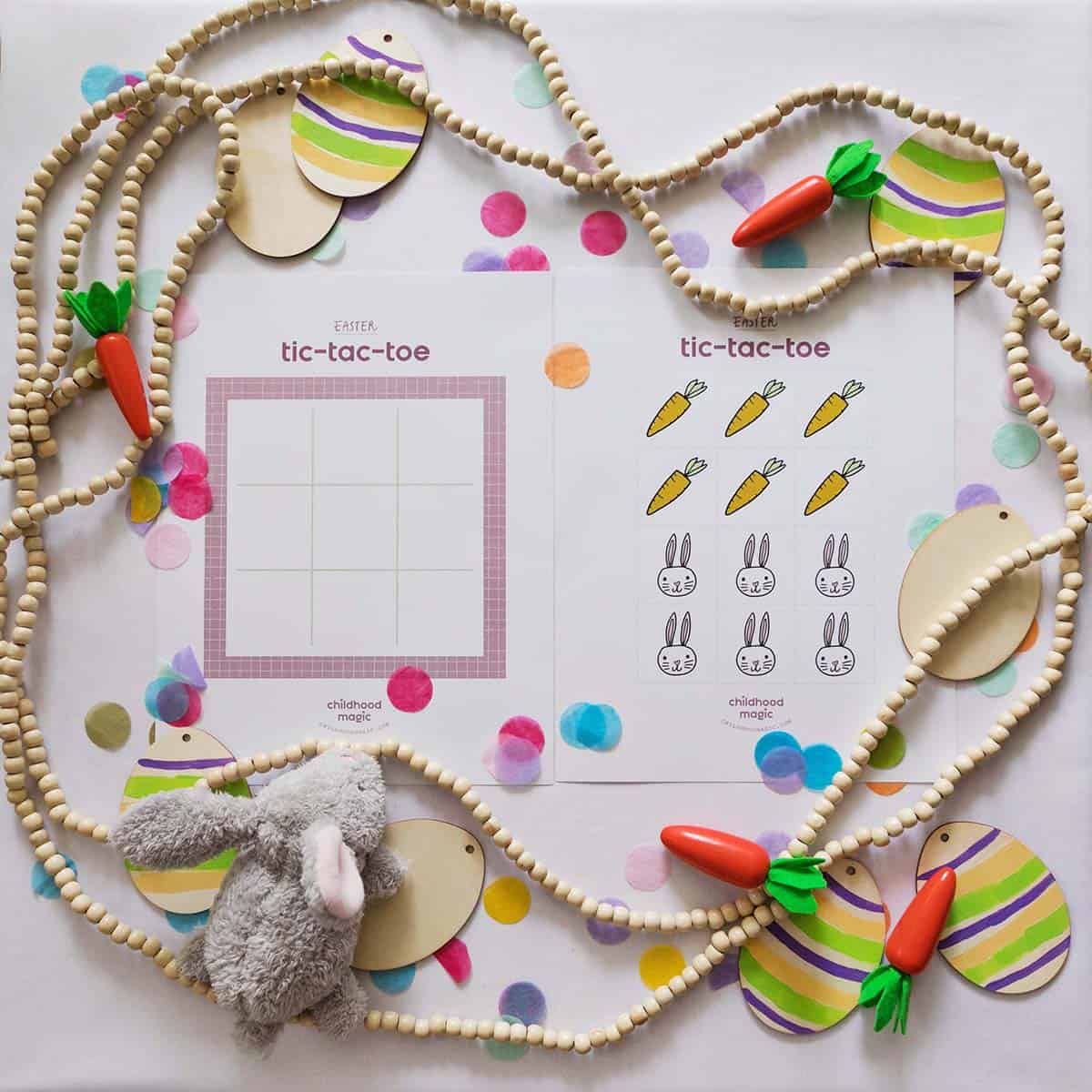 Printable Easter-themed tic tac toe board with printable tokens. 