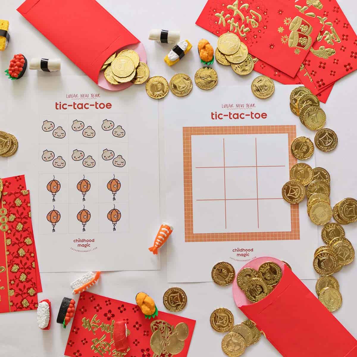 printable lunar new year themed tic tac toe board and tokens. 