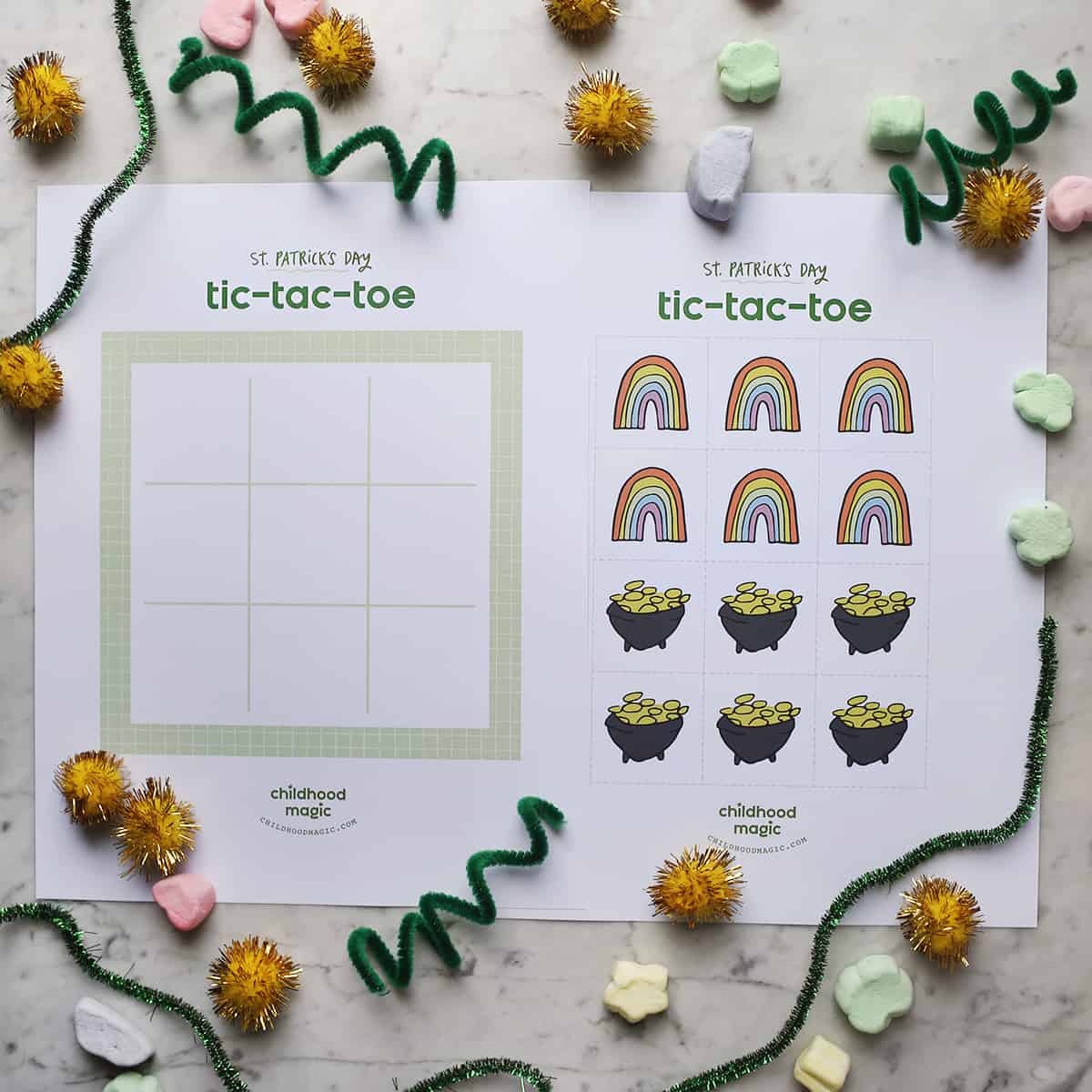 St. Patrick's Day printable tic tac toe board and tokens. 
