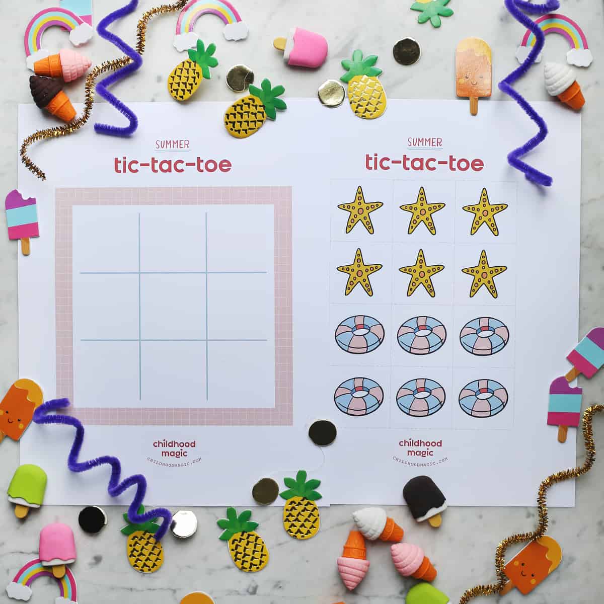 Summer-themed tic tac toe printable board and tokens. 