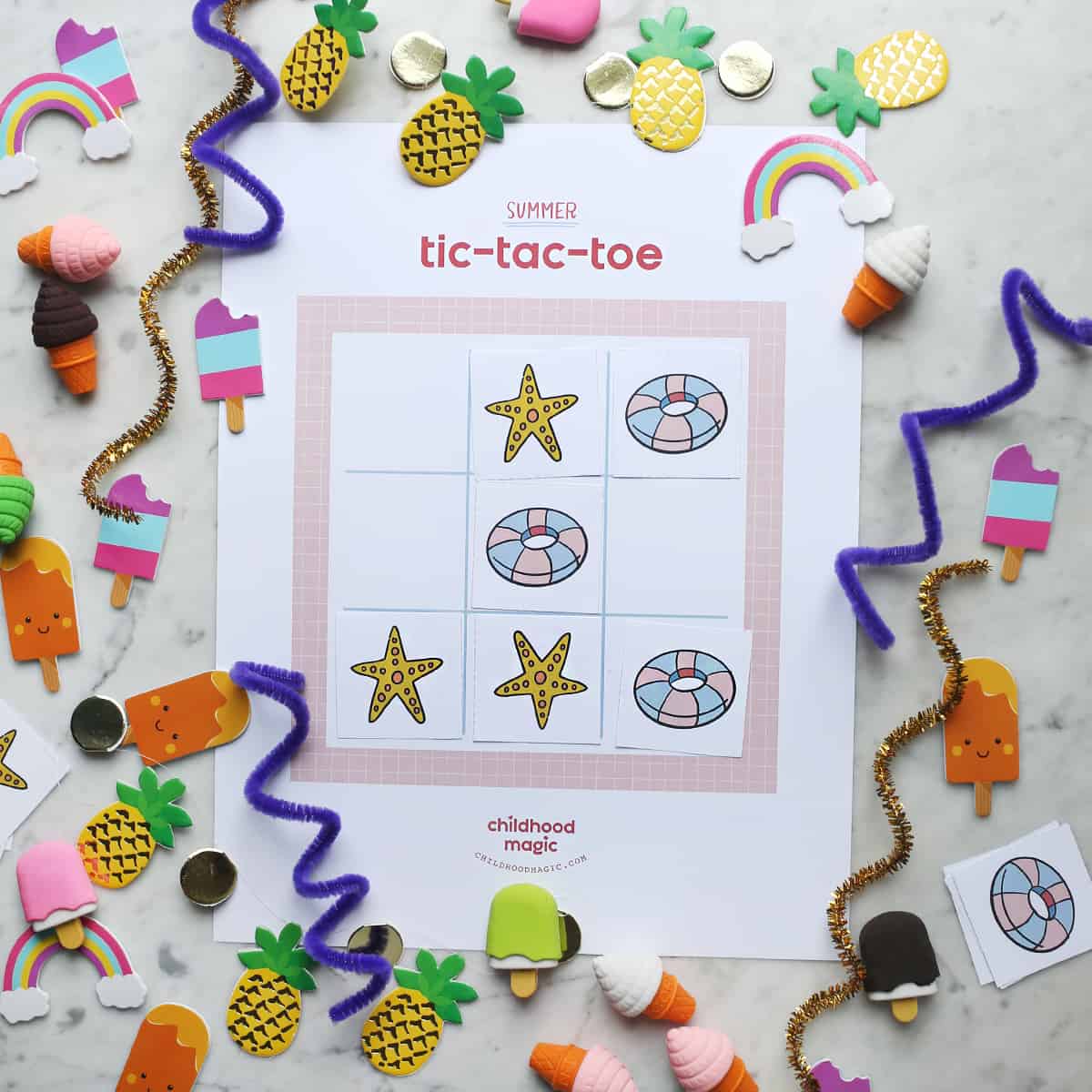 Summer-themed tic tac toe board with printable tokens. 