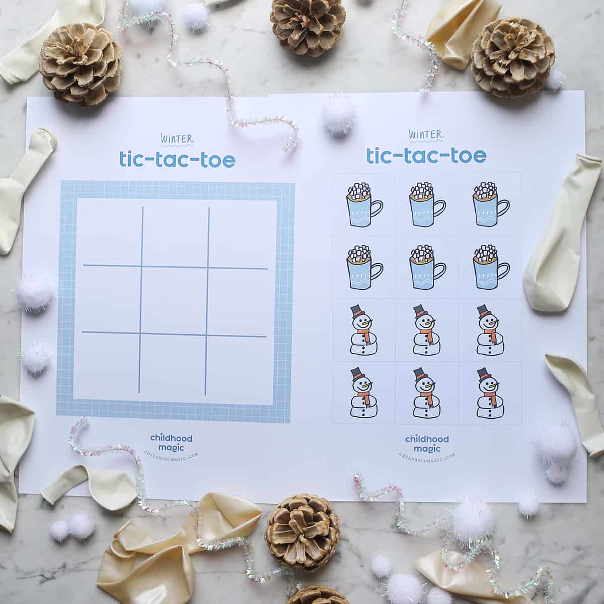 Printable winter tic tac toe board and tokens. 