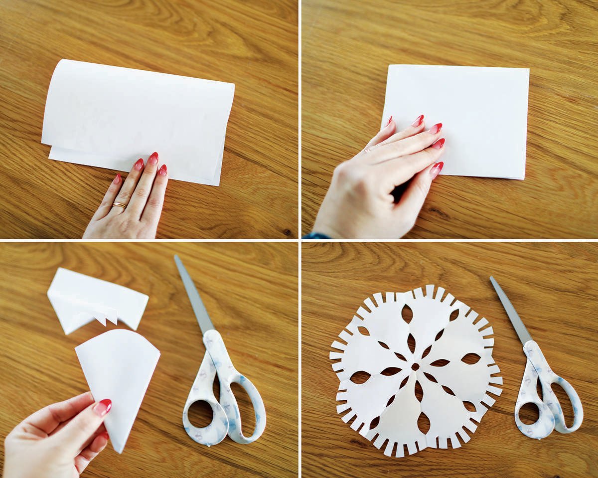 Steps for folding paper and then cutting it to make a paper snowflake. 