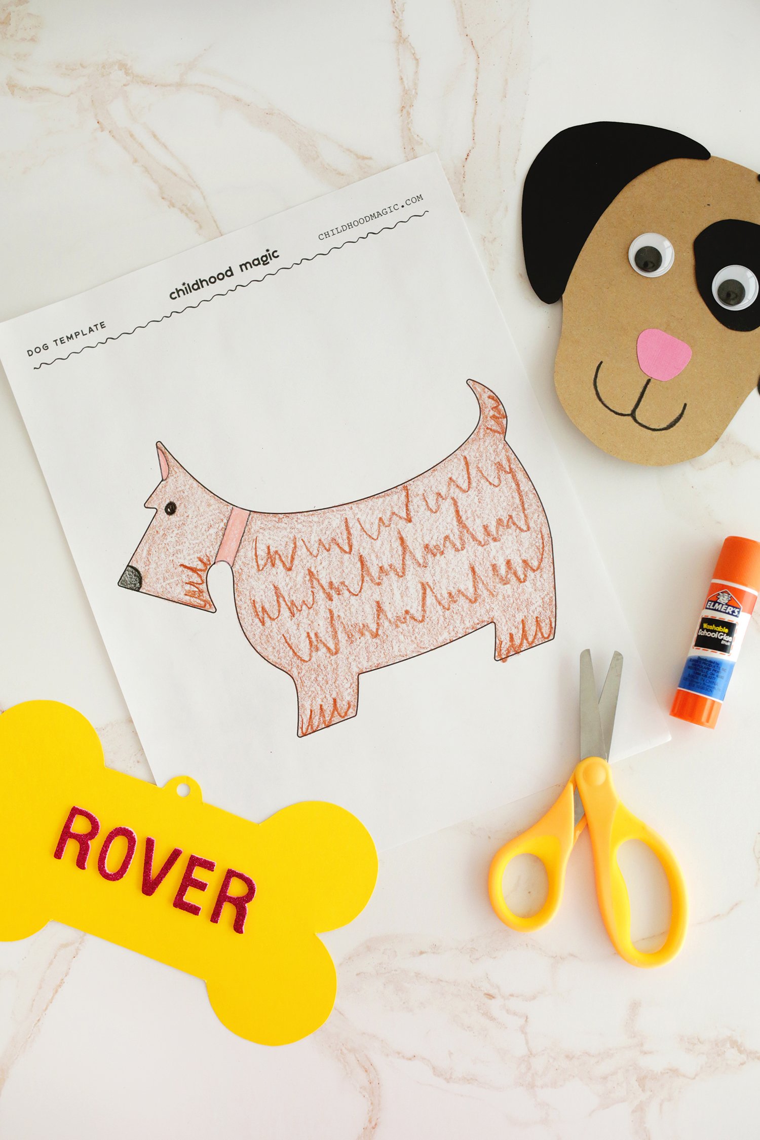 Dog coloring page by a pair of yellow scissors, a glue stick and a crafted dog bone. 