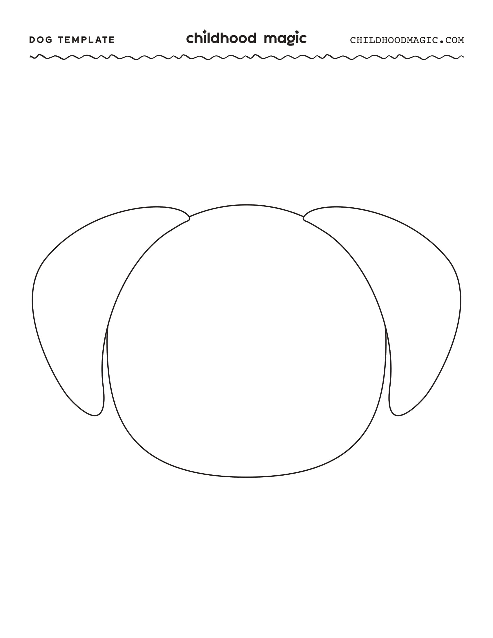 Outline on a white page of a round dog face. 