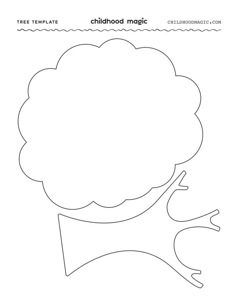 A tree trunk in a black outline next to a leaves outline on a white background.