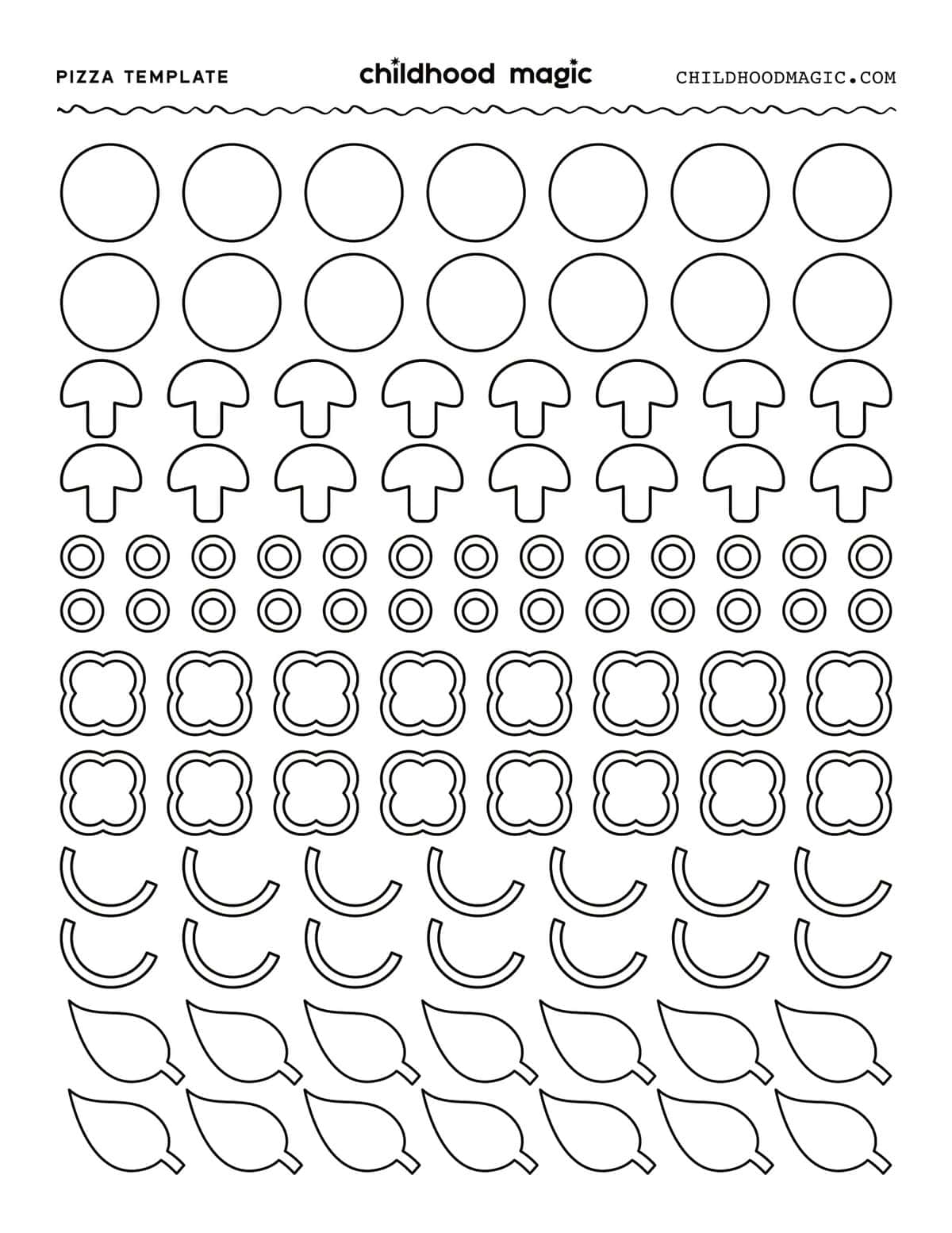 Outlines of different topping options and ingredients in black on a white background. 