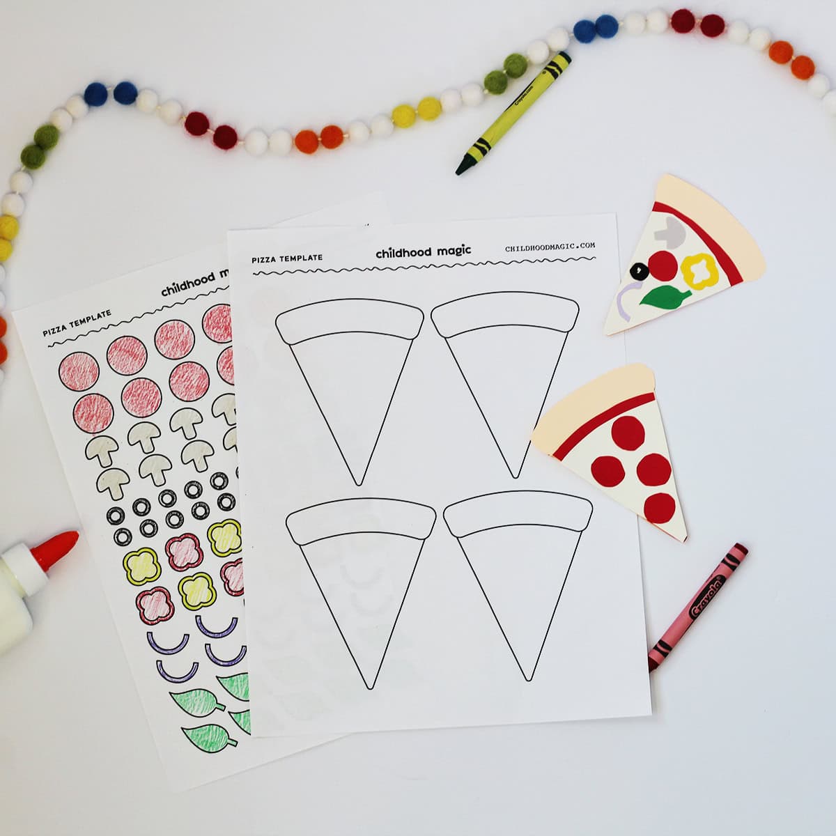 Black outlines of slices of pizza on a white background. Next to the paper is a a paper with pizzs toppings colored in. Cardstock pizza slices show the assembled template. 