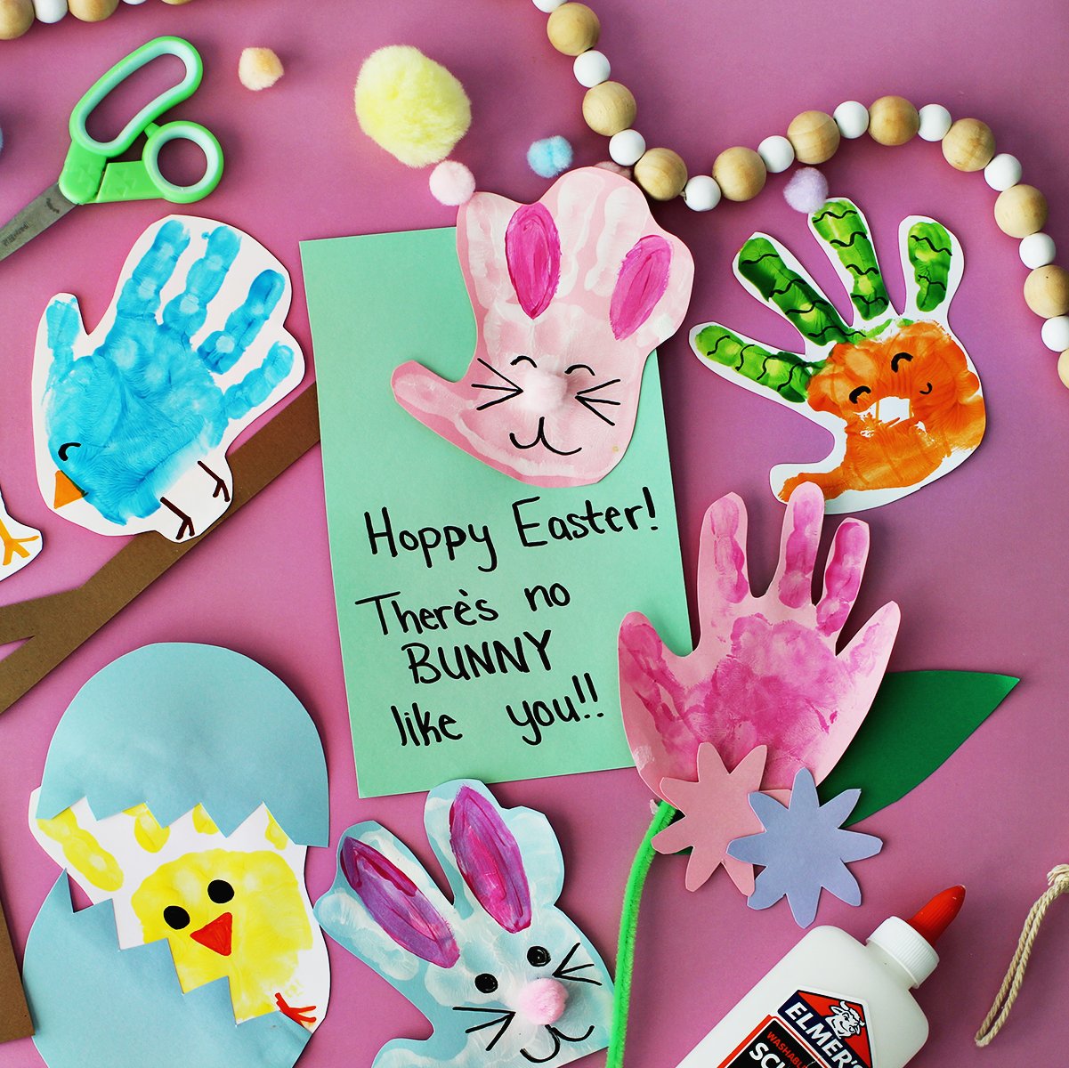 Painted handprints turned into Easter and spring themed objects.